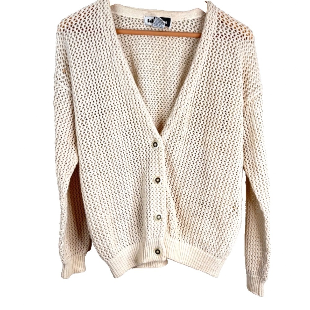 VTG Open Knit Cardigan M Ivory Cream Crochet Button Granny Cottage Y2K 90s Twee